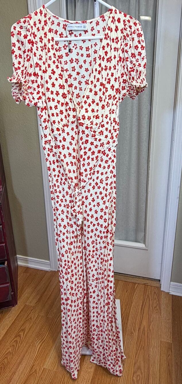 Faithful The Brand Women Red Cream 8 Floral Print 40s Maxi Dress Vintage Boho